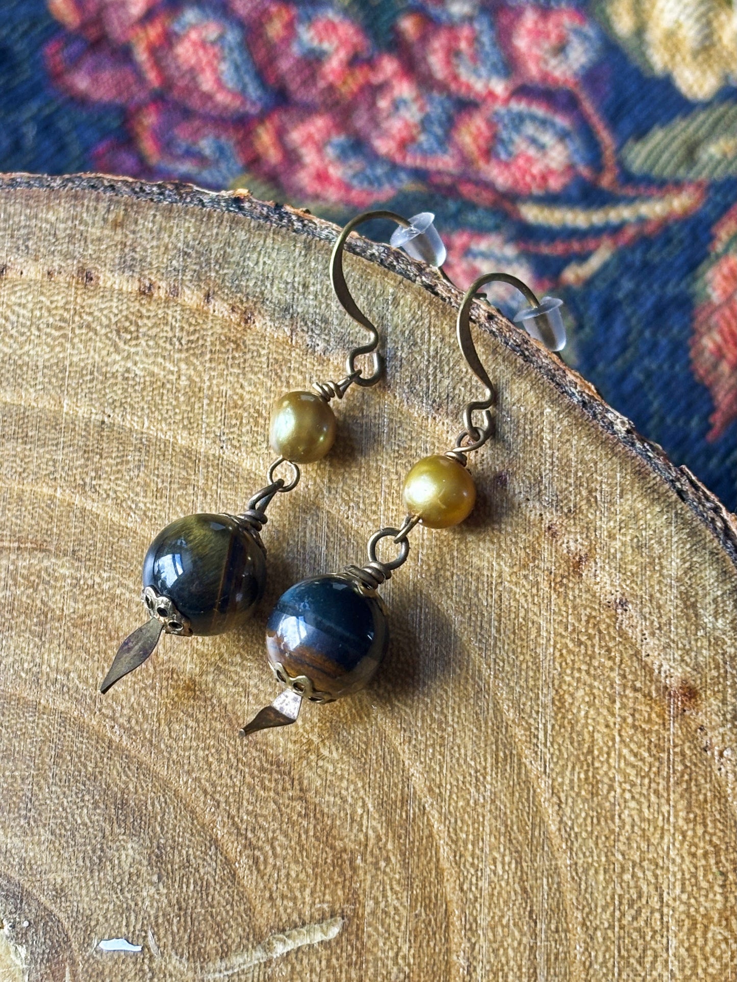Gold Pearl and Tigers Eye Crystal Dangle Earrings