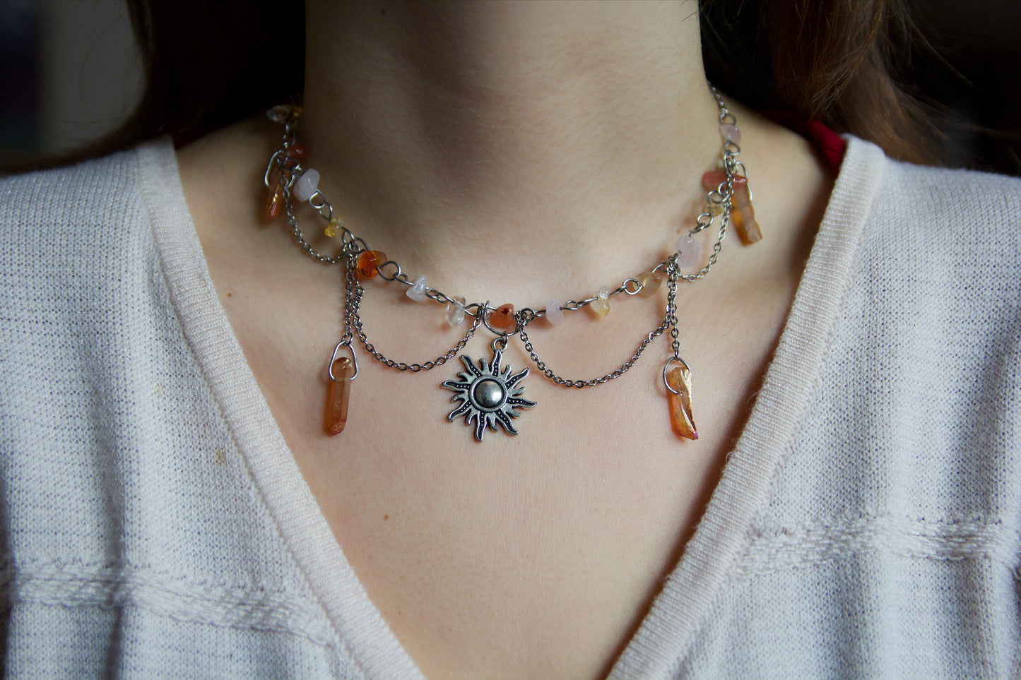 Silver Sun Crystal Statement Choker Necklace