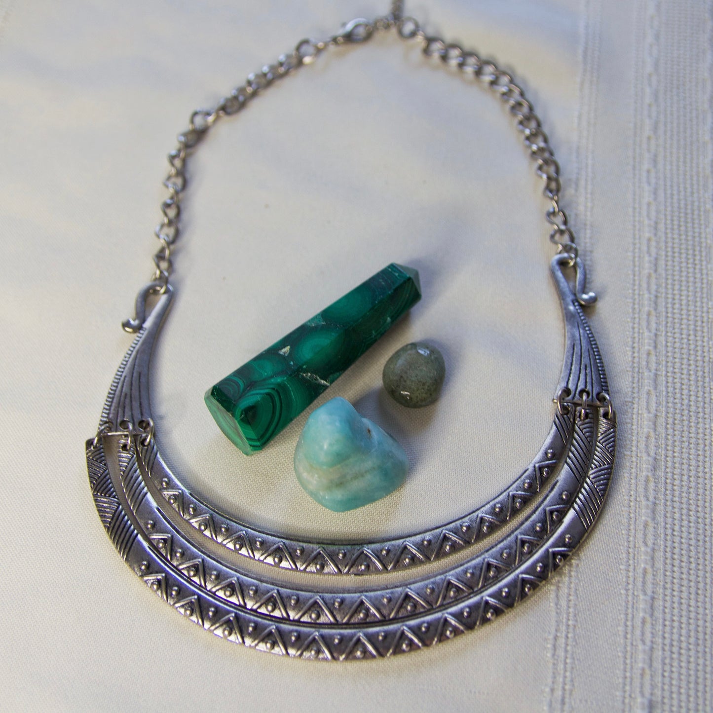 Silver Patterned Collar Statement Necklace, 3 Layers