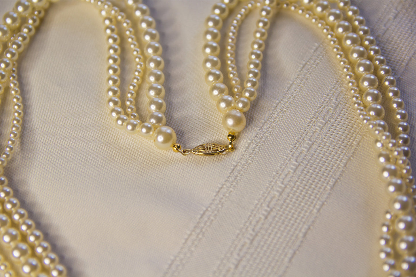 3 Strand Costume Pearl Necklace With Gold Clasp, Vintage