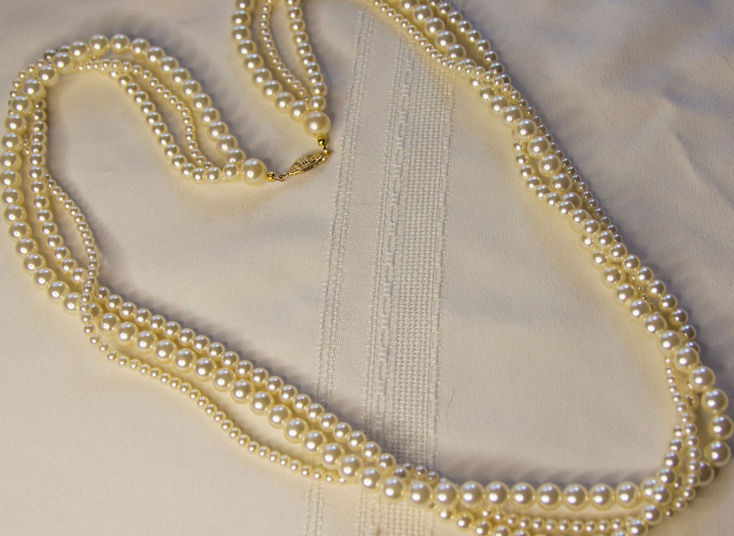 3 Strand Costume Pearl Necklace With Gold Clasp, Vintage