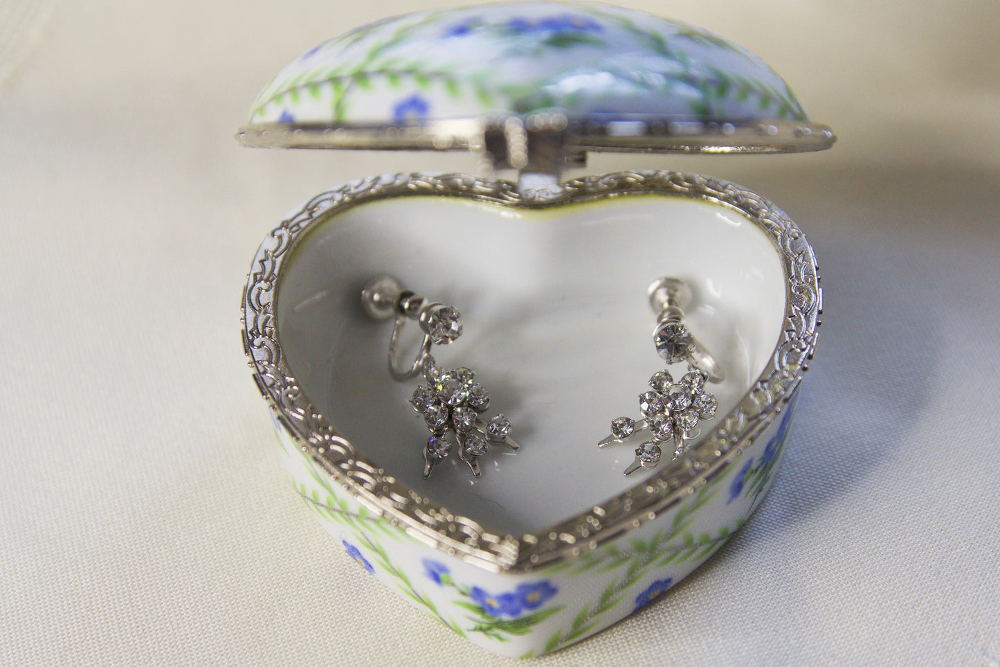 Blue Floral Crystal Earring Heart Jewelry box
