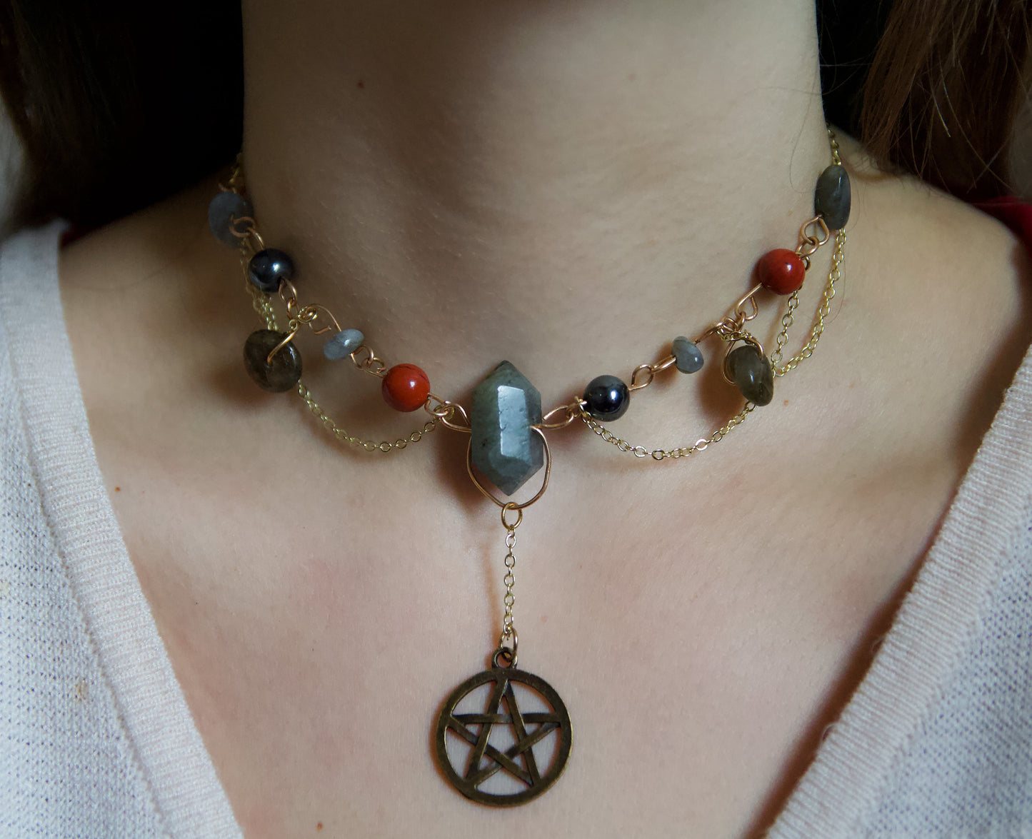 Gold Crystal Pentagram Statement Choker Necklace