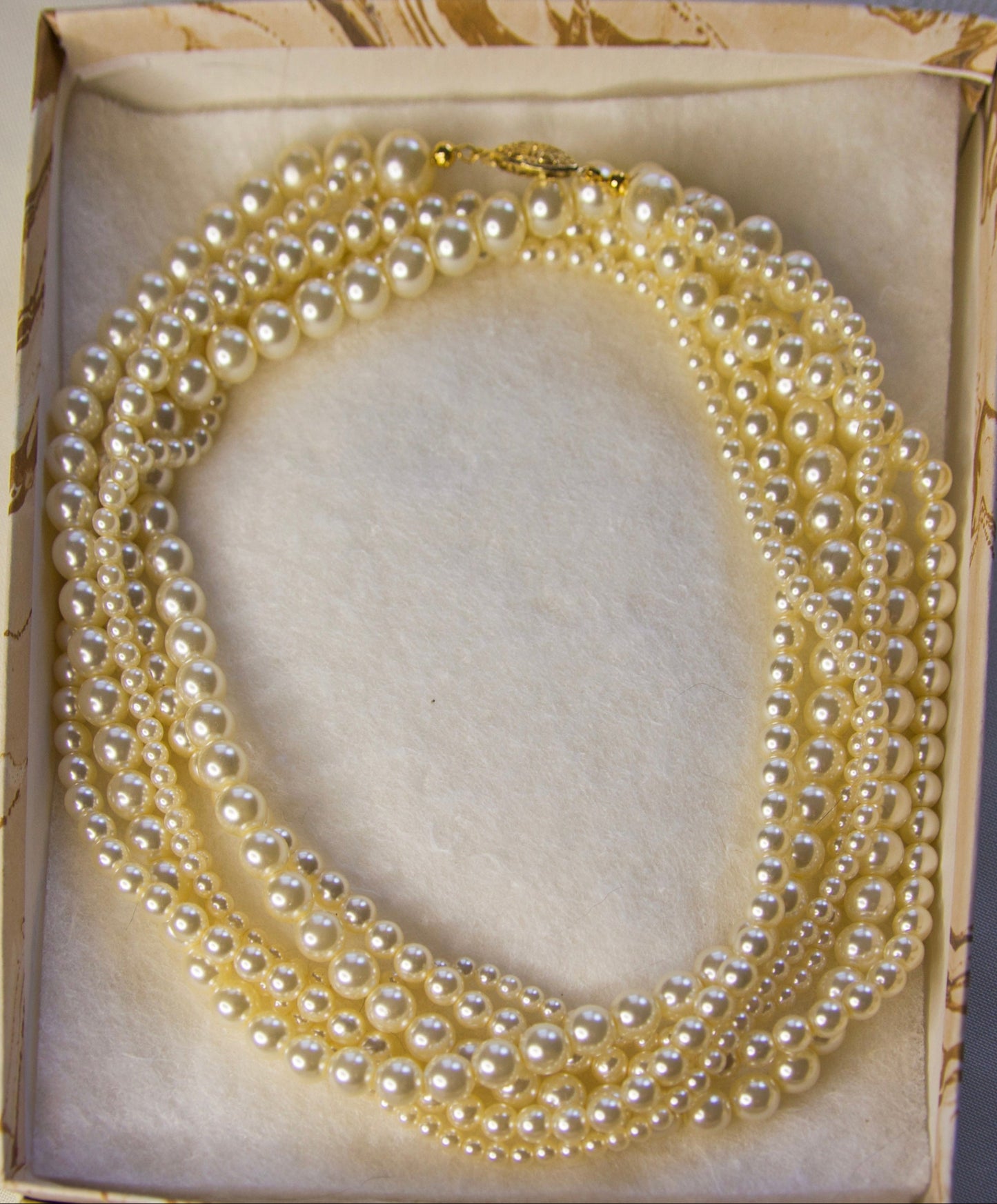 3 Strand Costume Pearl Necklace With Gold Clasp, Vintage