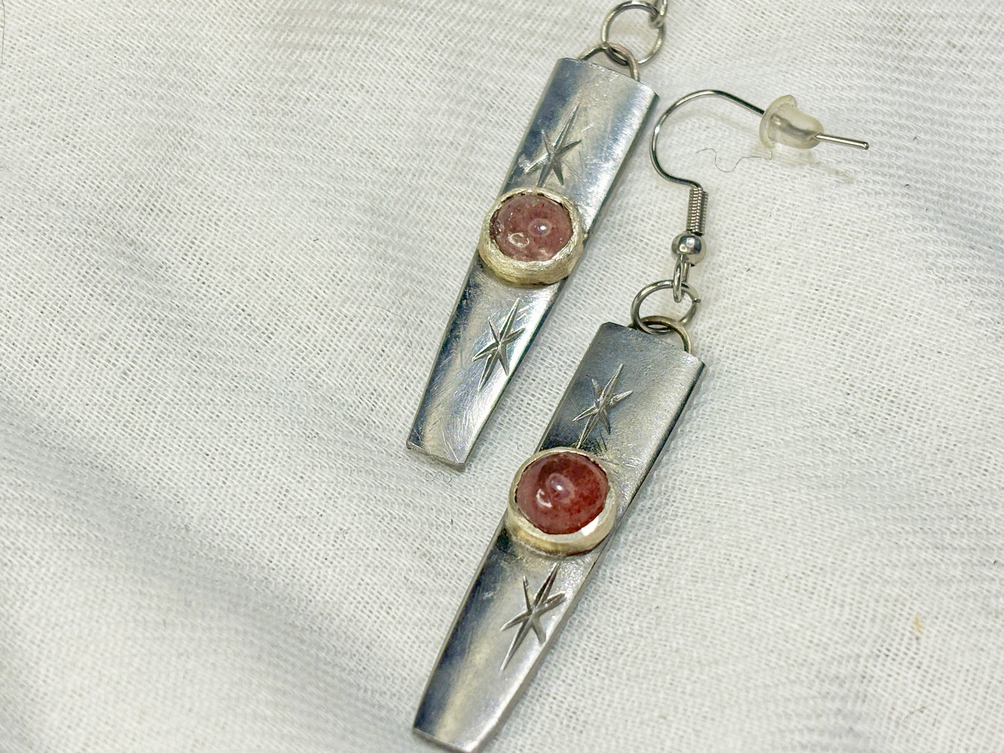 Silver Strawberry Quartz Crystal Star Dangle Earrings