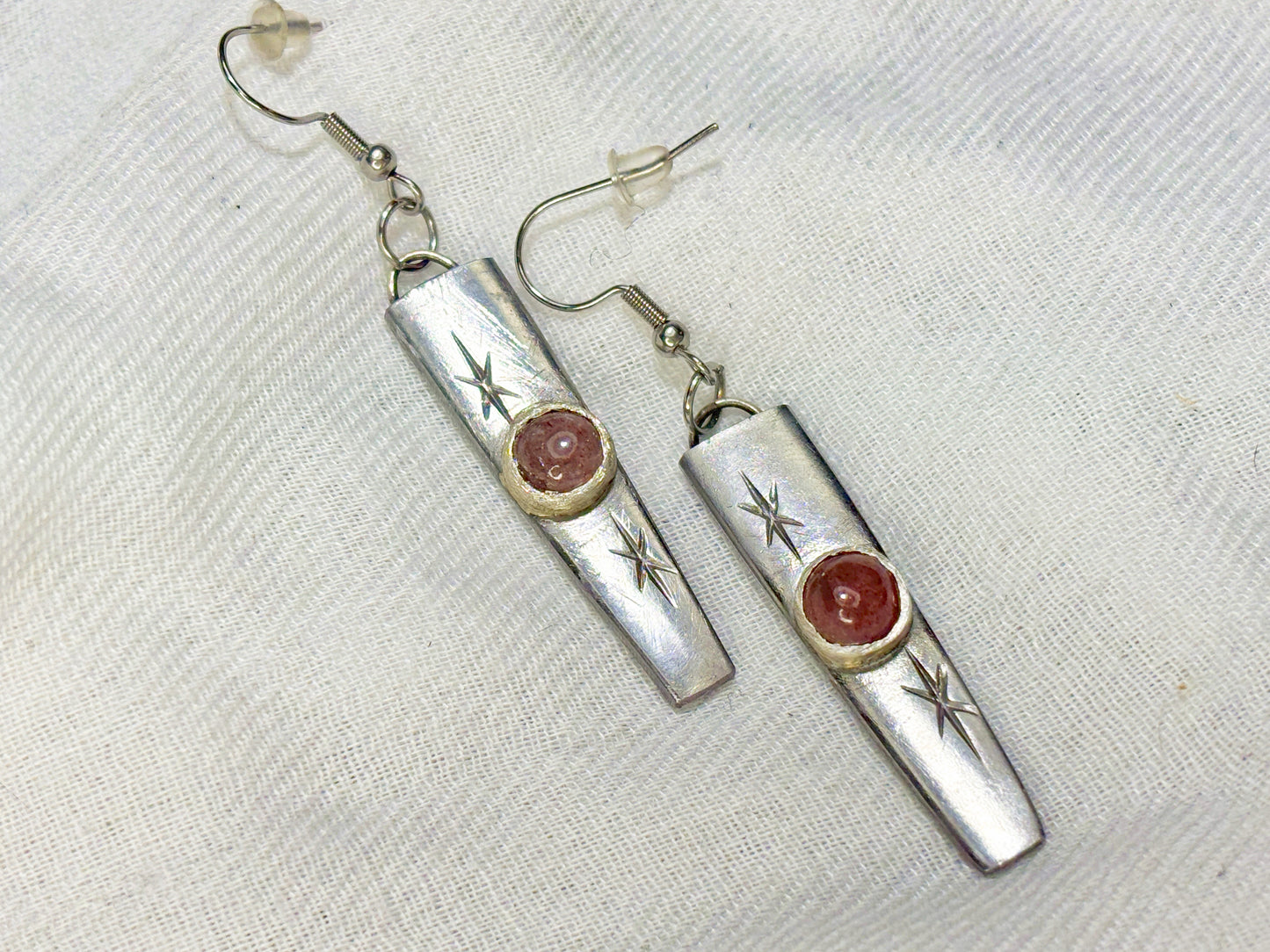 Silver Strawberry Quartz Crystal Star Dangle Earrings