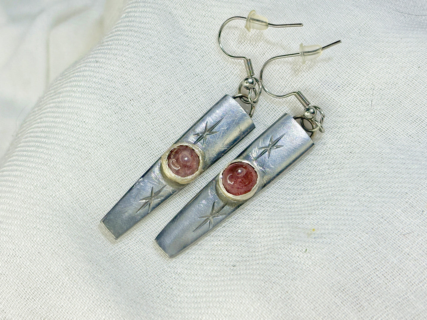 Silver Strawberry Quartz Crystal Star Dangle Earrings