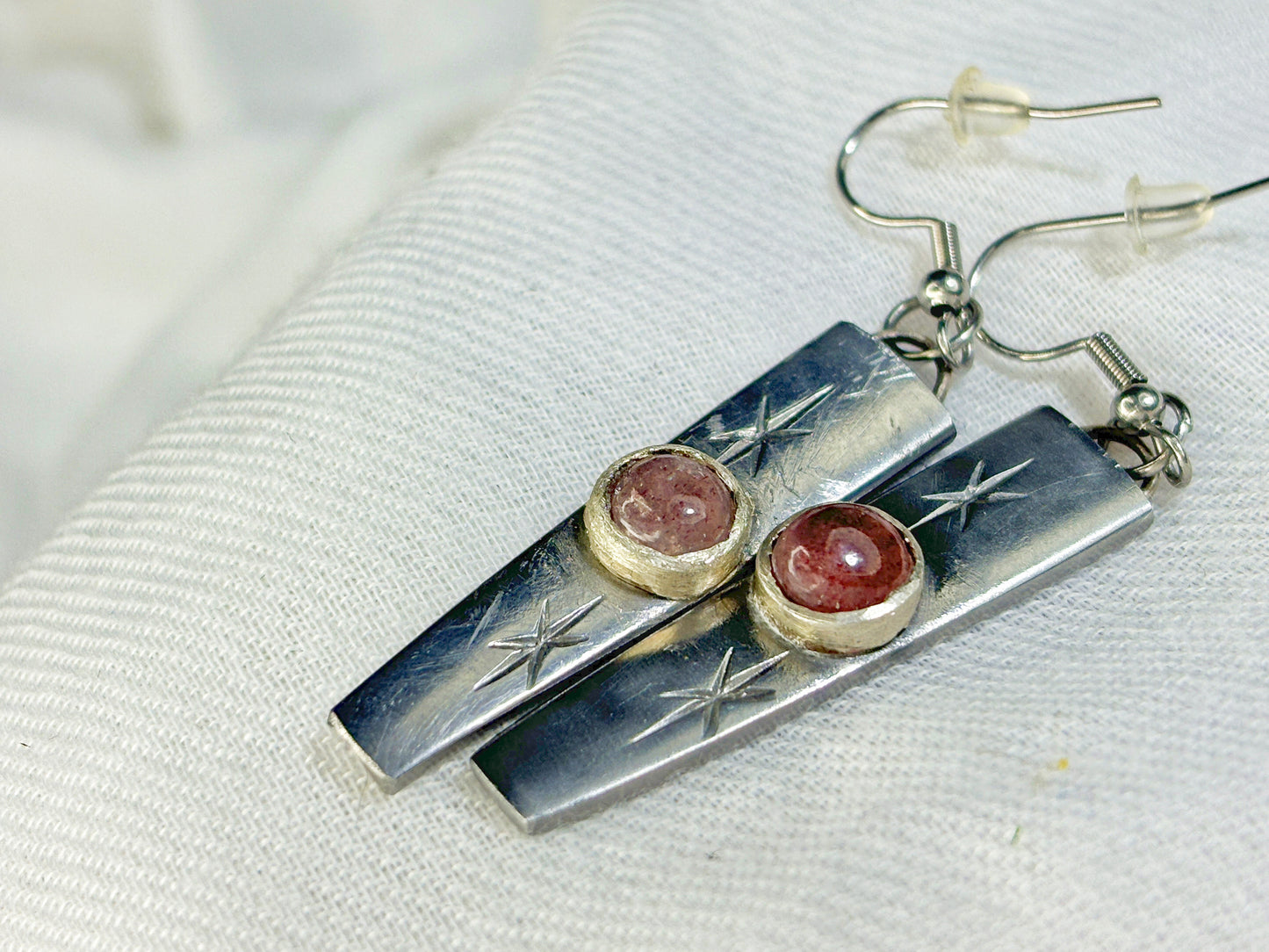 Silver Strawberry Quartz Crystal Star Dangle Earrings