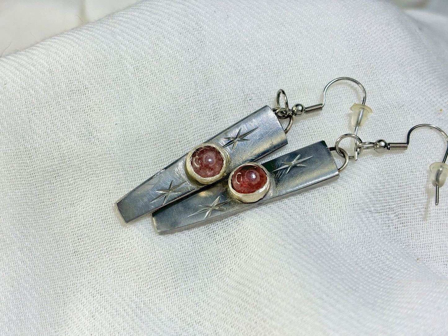 Silver Strawberry Quartz Crystal Star Dangle Earrings
