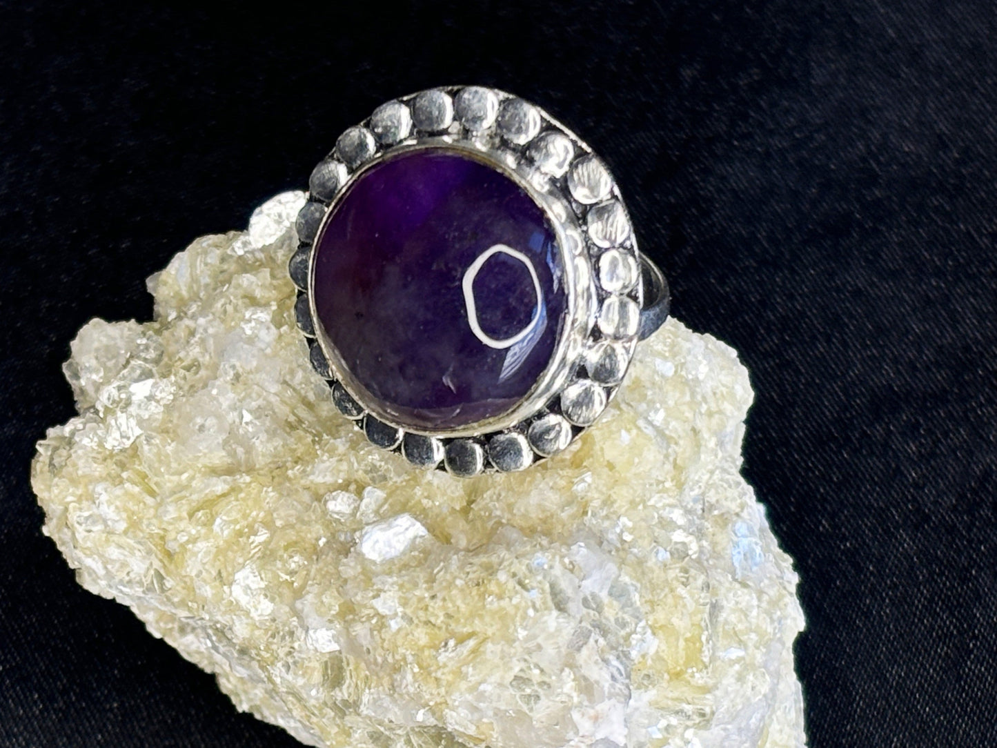 Amethyst Circle Decorated Sterling Silver Crystal Ring, Size 7.5