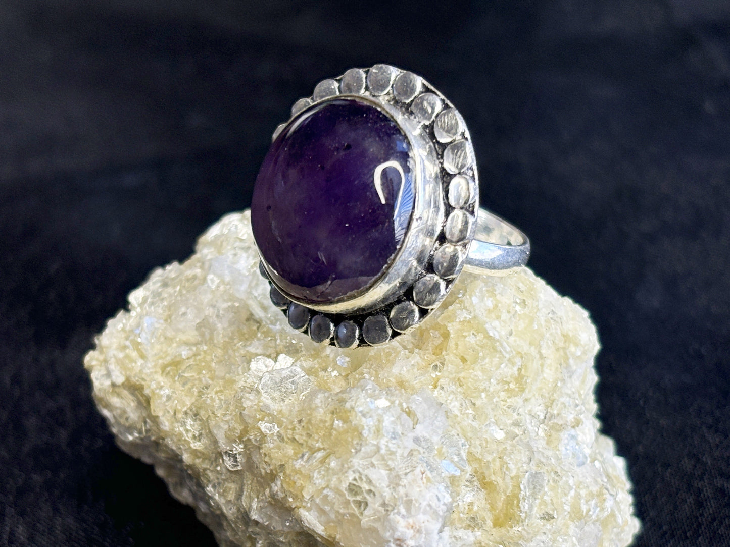 Amethyst Circle Decorated Sterling Silver Crystal Ring, Size 7.5