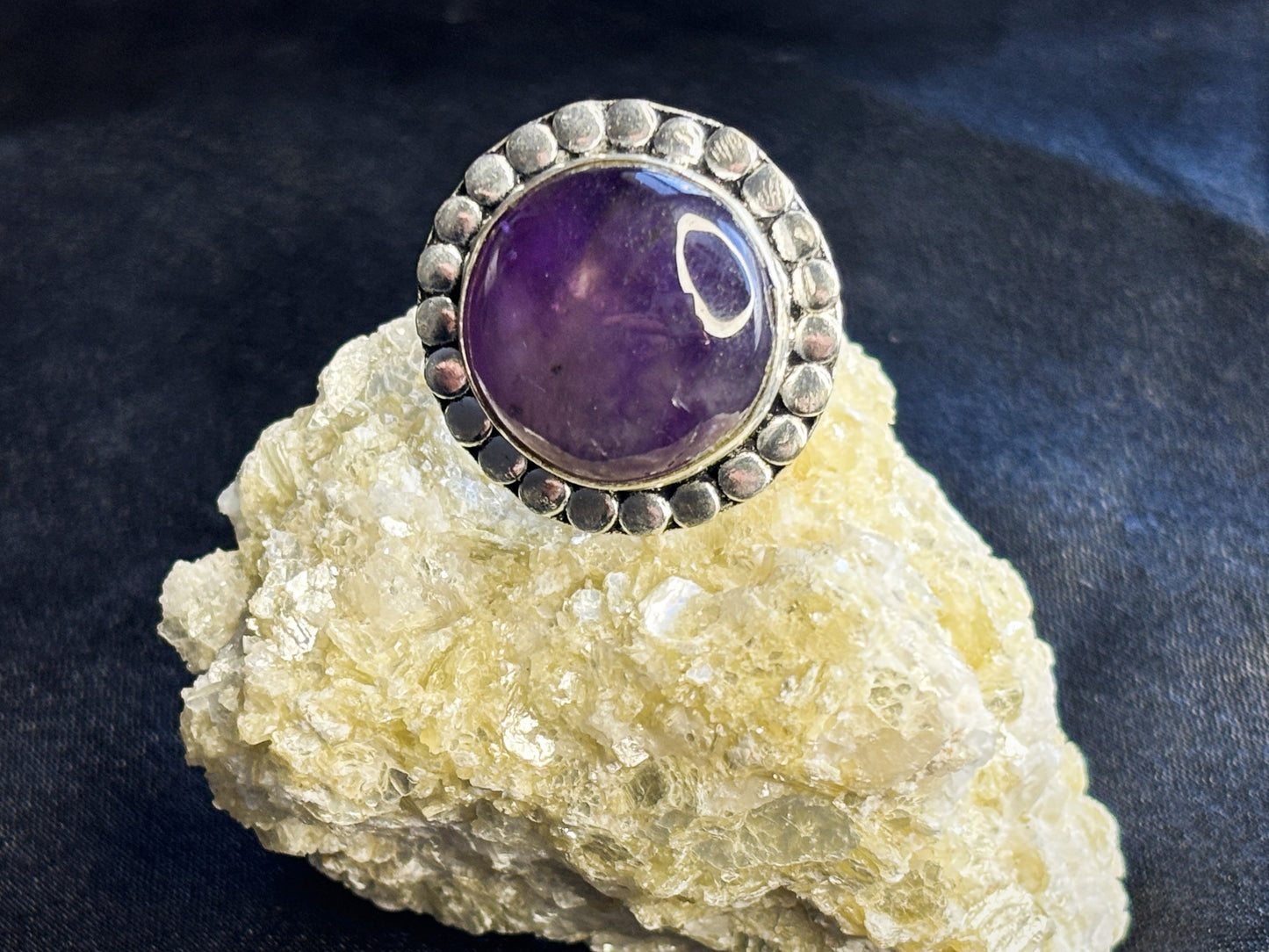 Amethyst Circle Decorated Sterling Silver Crystal Ring, Size 7.5