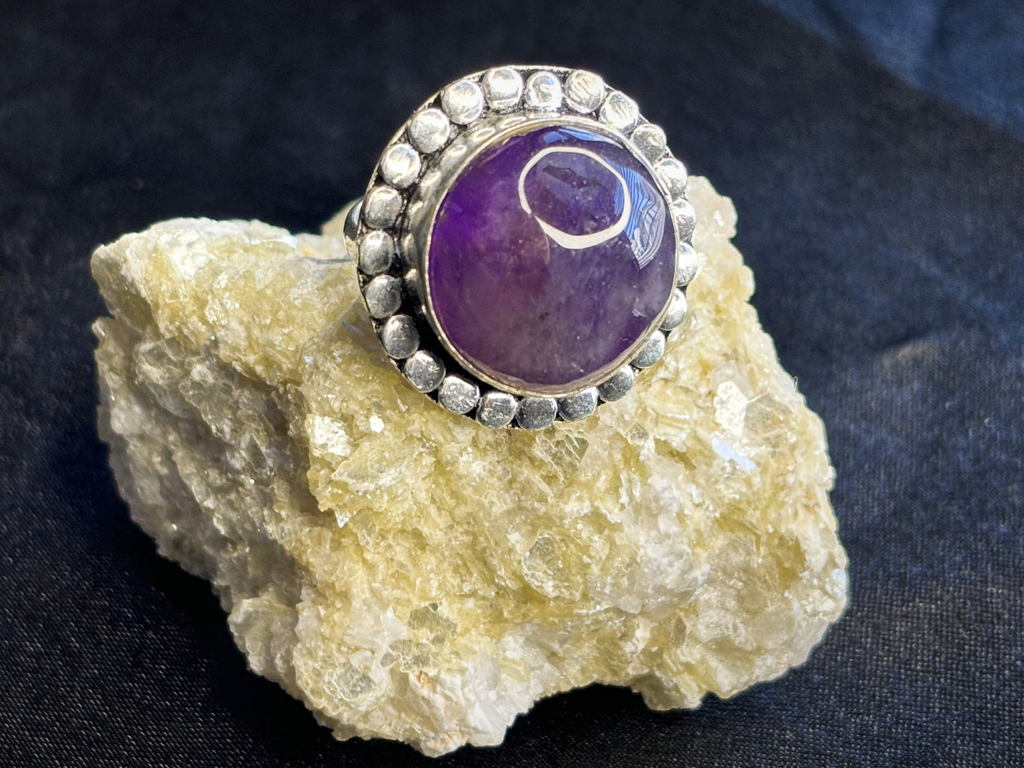 Amethyst Circle Decorated Sterling Silver Crystal Ring, Size 7.5