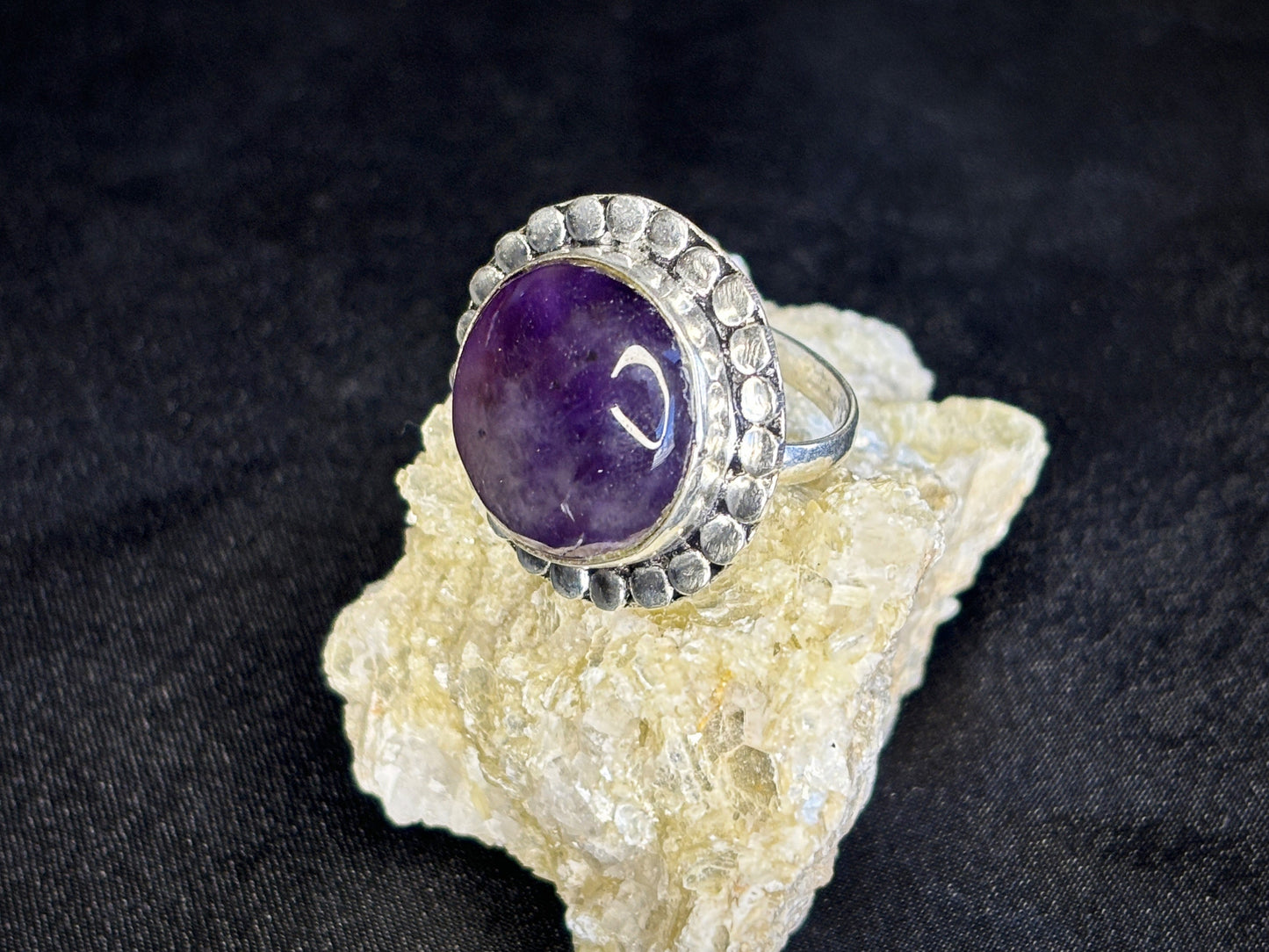 Amethyst Circle Decorated Sterling Silver Crystal Ring, Size 7.5