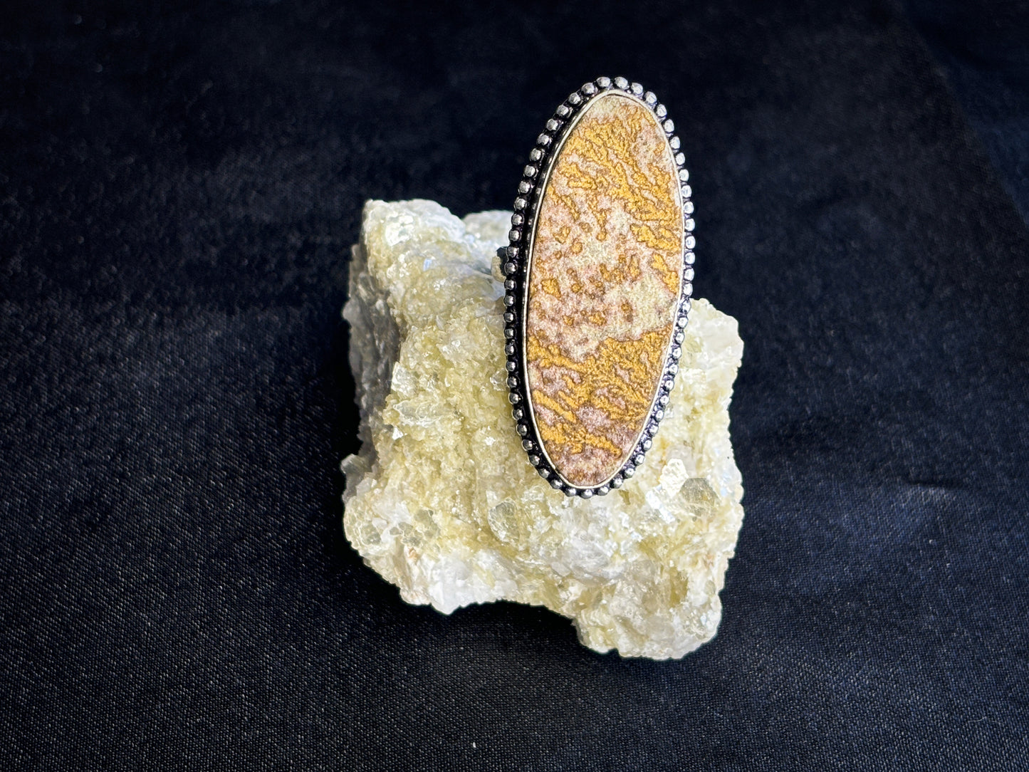 Raw Dendritic Agate Sterling Silver Oval Crystal Ring, Size 8.5