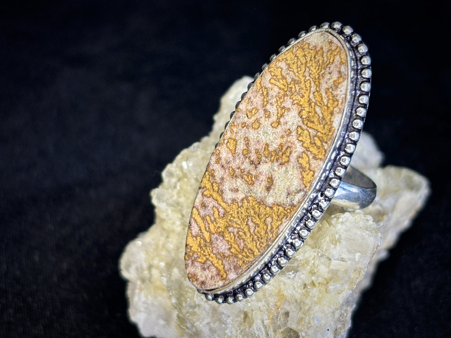 Raw Dendritic Agate Sterling Silver Oval Crystal Ring, Size 8.5