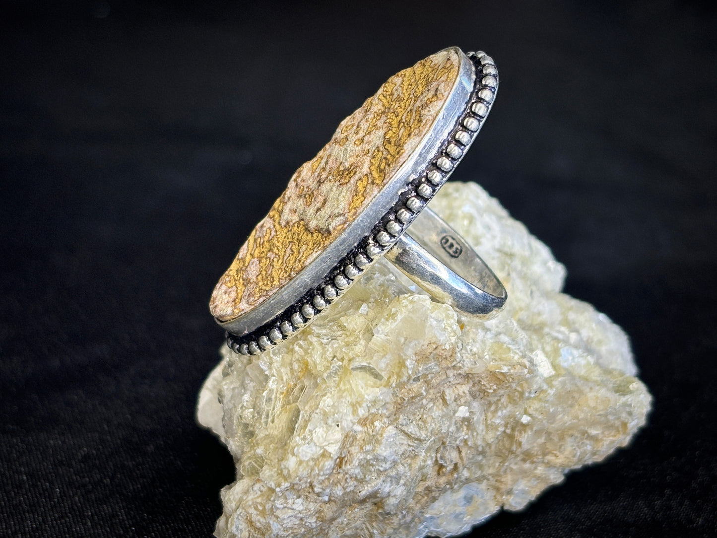 Raw Dendritic Agate Sterling Silver Oval Crystal Ring, Size 8.5