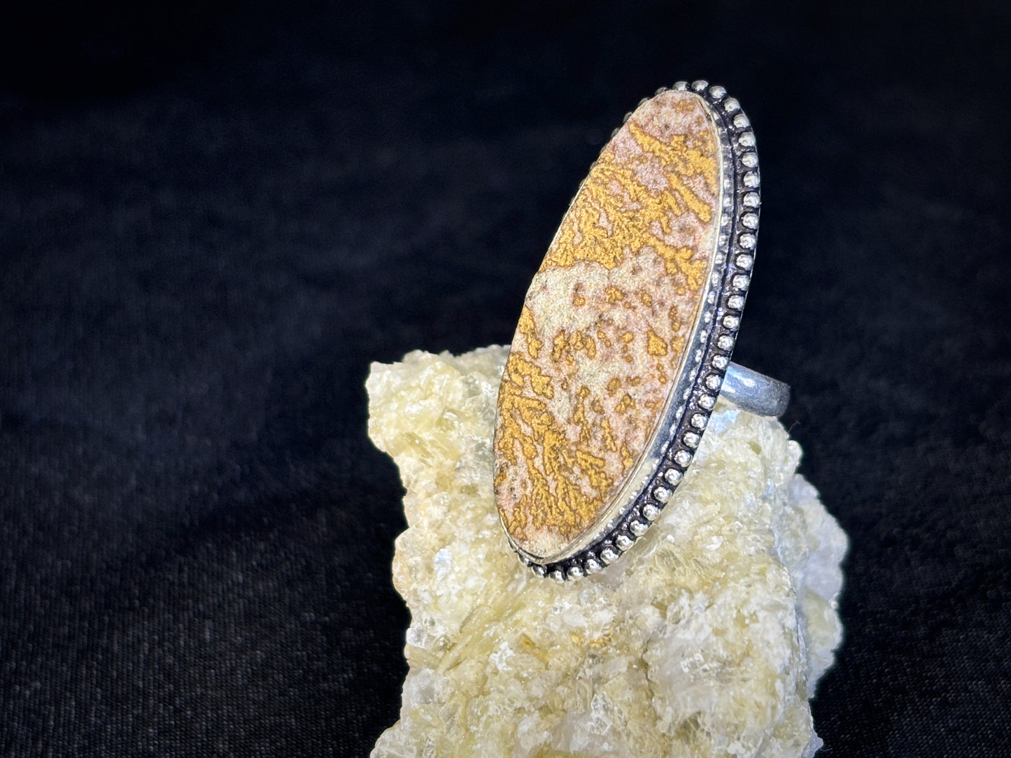 Raw Dendritic Agate Sterling Silver Oval Crystal Ring, Size 8.5