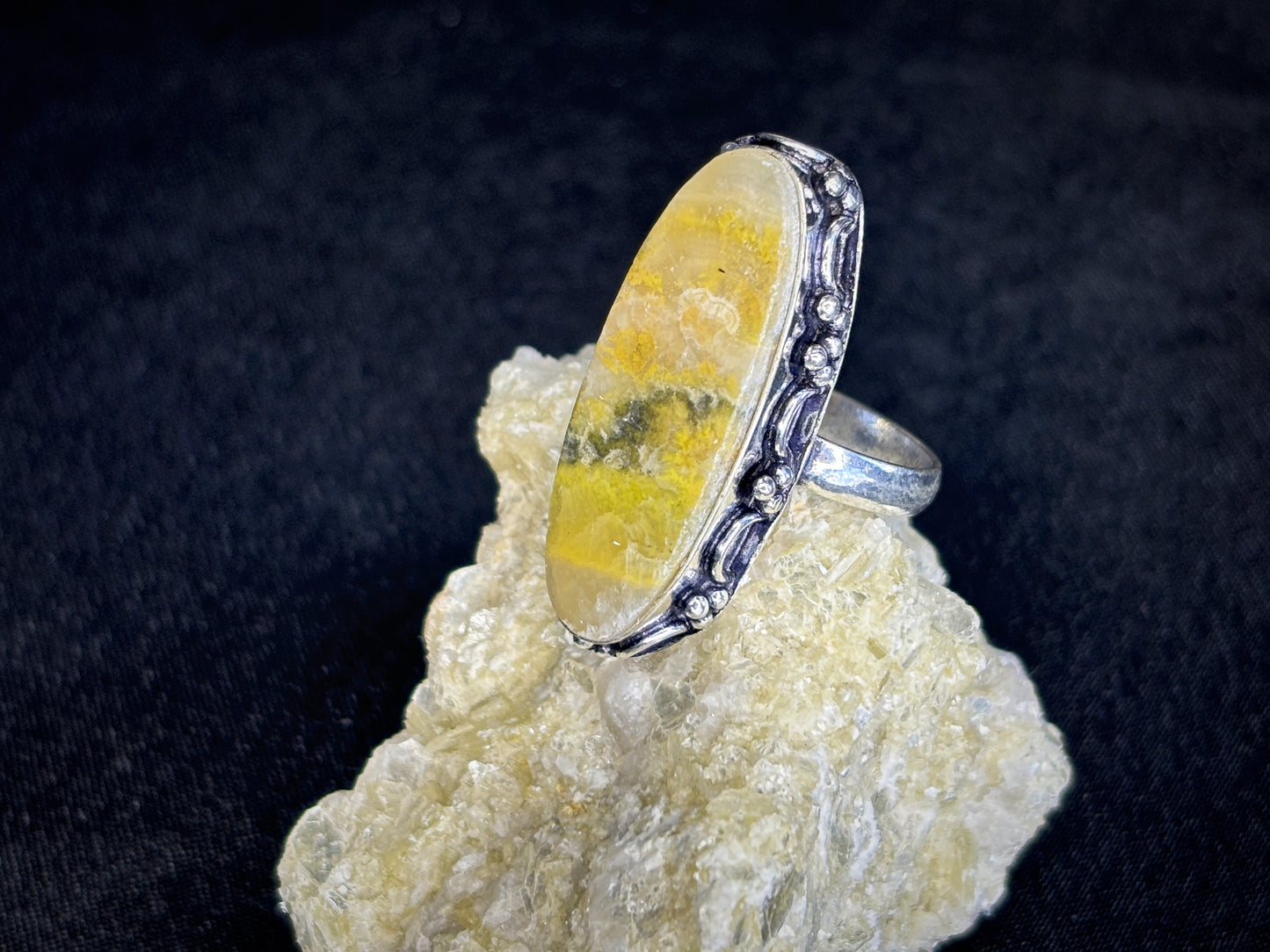 Bumble Bee Jasper Oval Sterling Silver Crystal Ring, Size 8