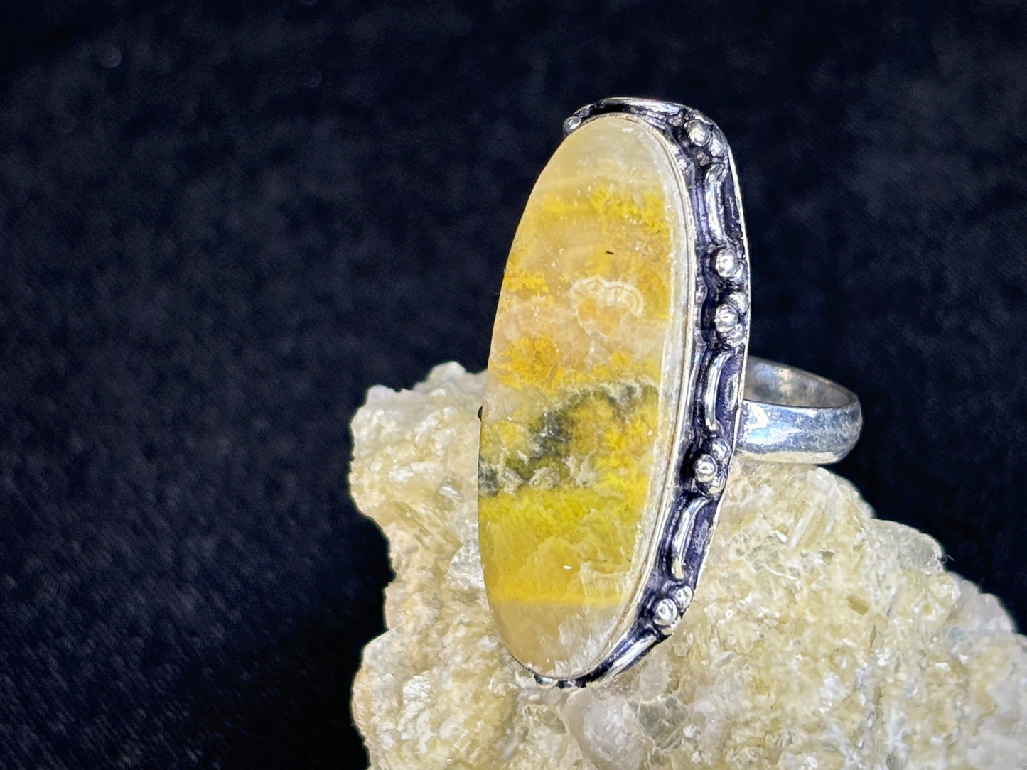 Bumble Bee Jasper Oval Sterling Silver Crystal Ring, Size 8