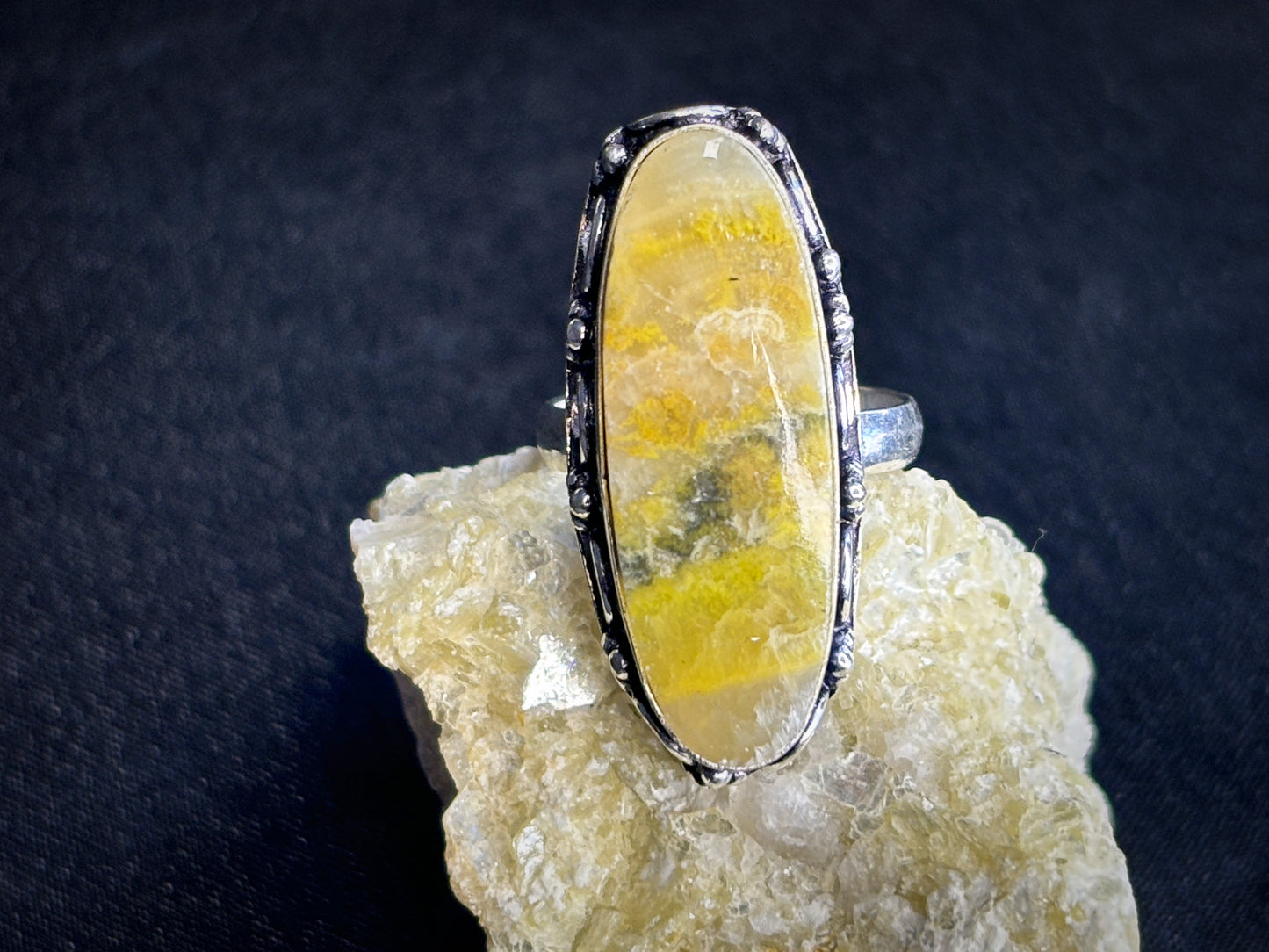 Bumble Bee Jasper Oval Sterling Silver Crystal Ring, Size 8