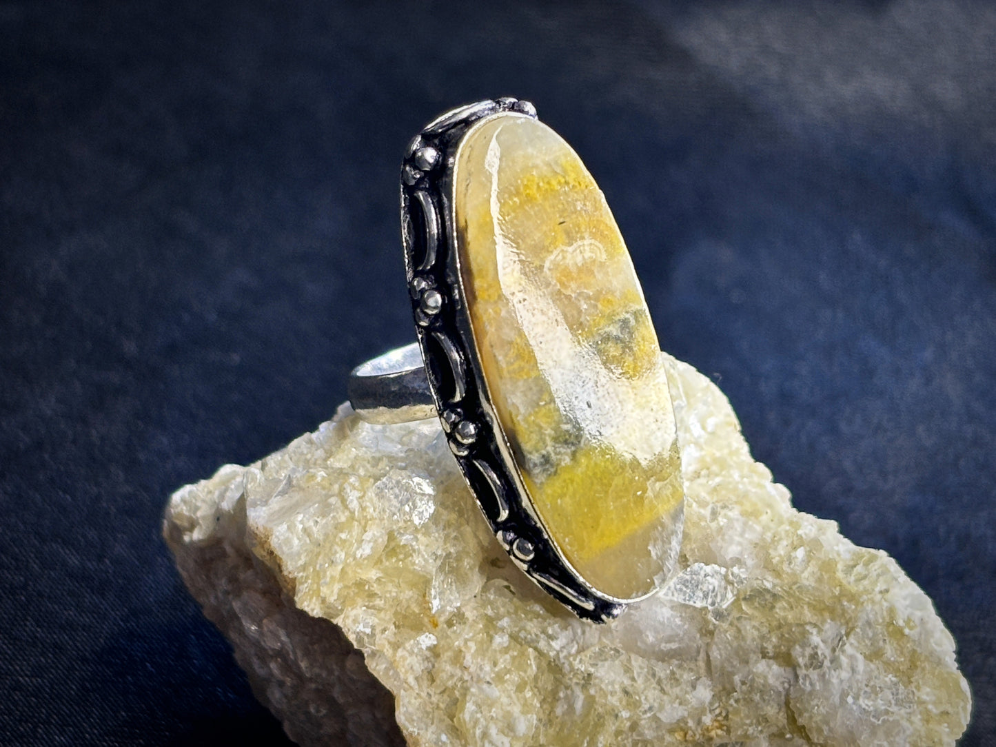 Bumble Bee Jasper Oval Sterling Silver Crystal Ring, Size 8