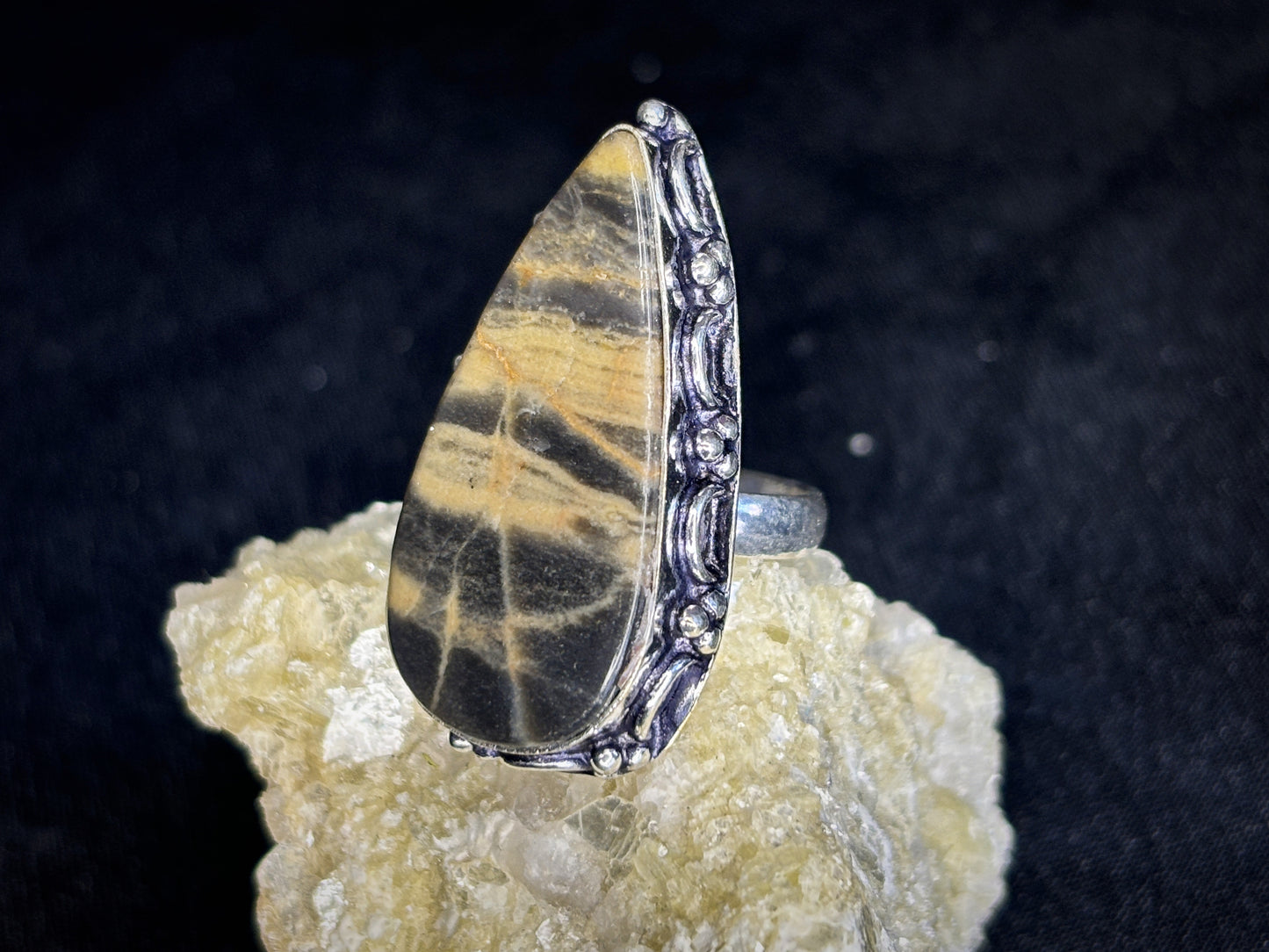 Dark Moonstone Teardrop Sterling Silver Crystal Ring, Size 6