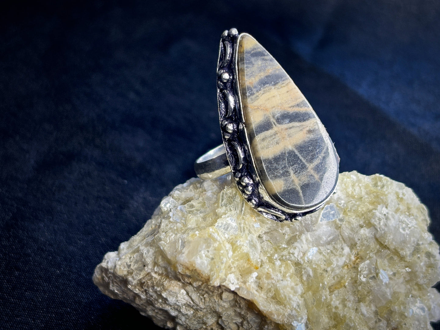 Dark Moonstone Teardrop Sterling Silver Crystal Ring, Size 6