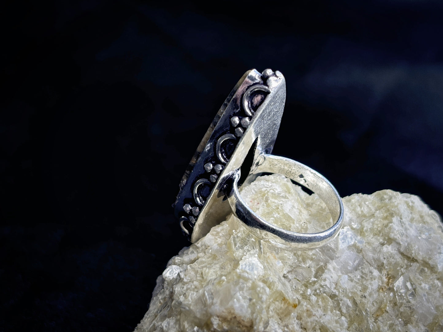 Dark Moonstone Teardrop Sterling Silver Crystal Ring, Size 6