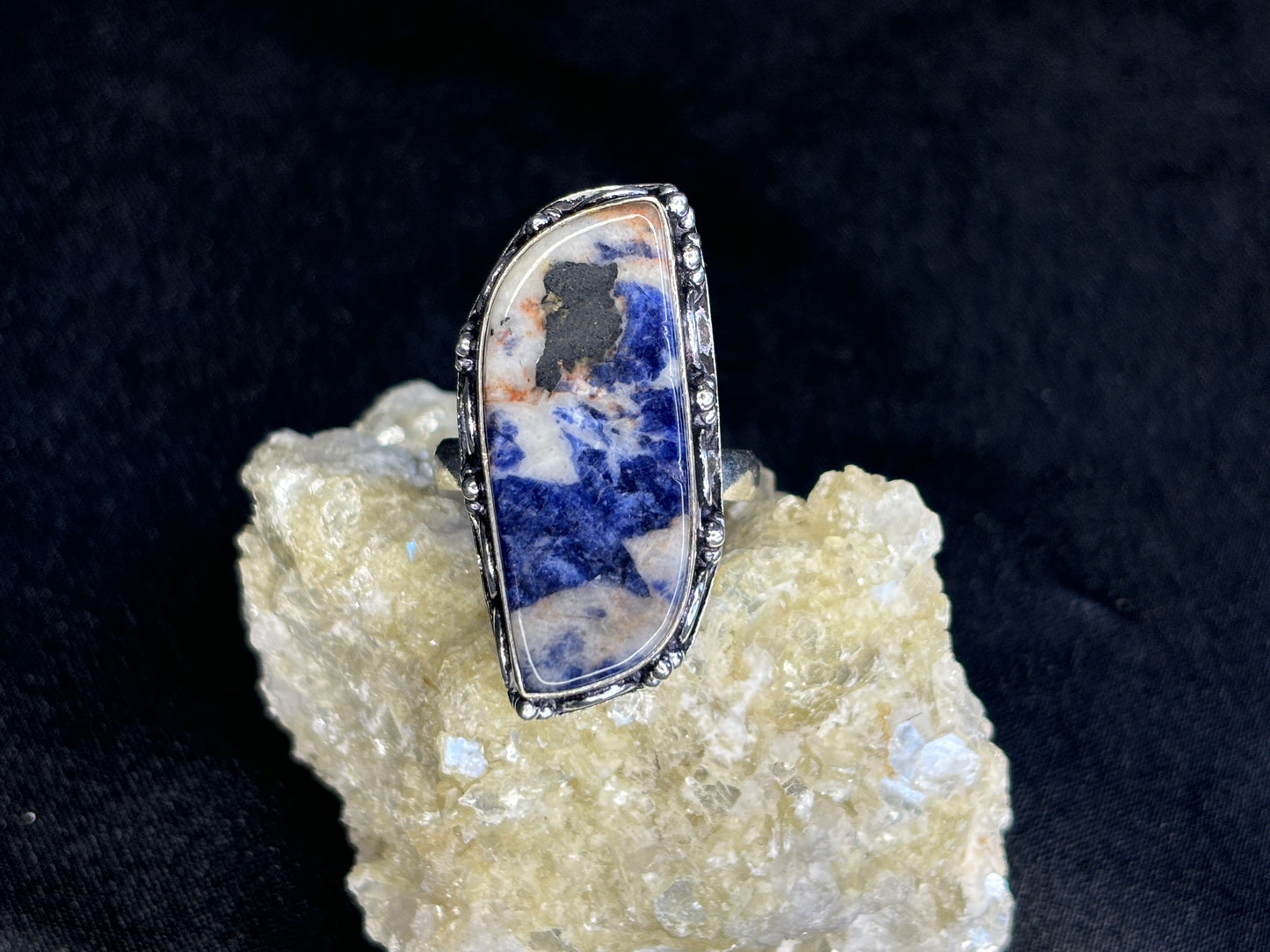 Sodalite Sterling Silver Crystal Ring, Size 10