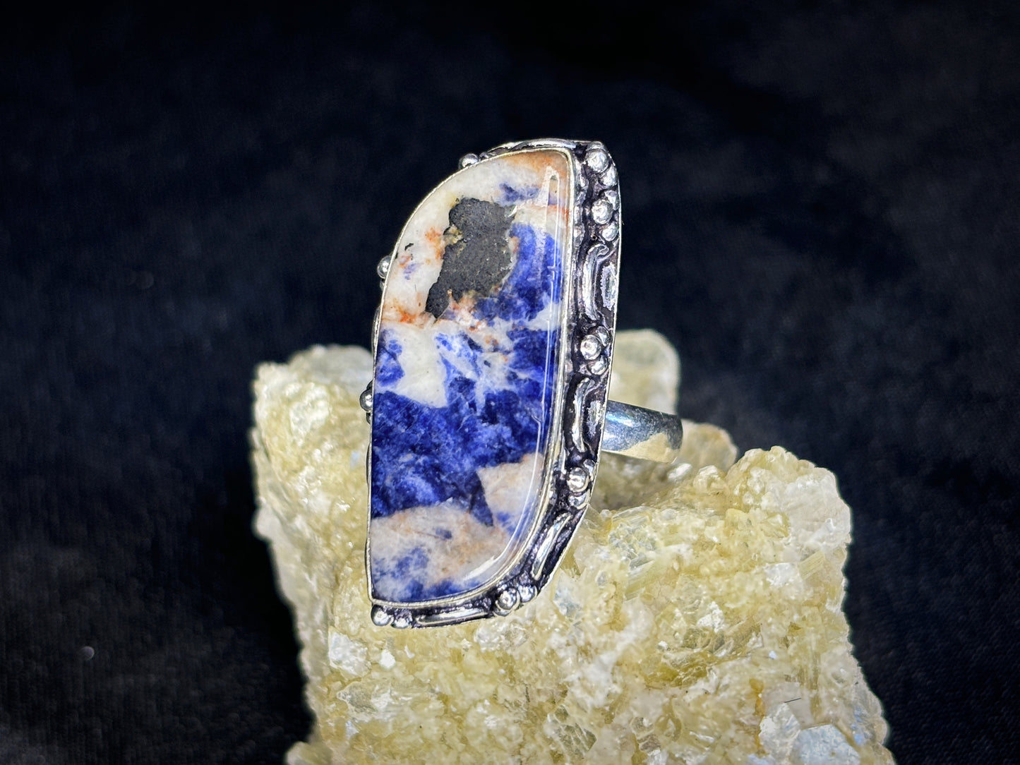 Sodalite Sterling Silver Crystal Ring, Size 10