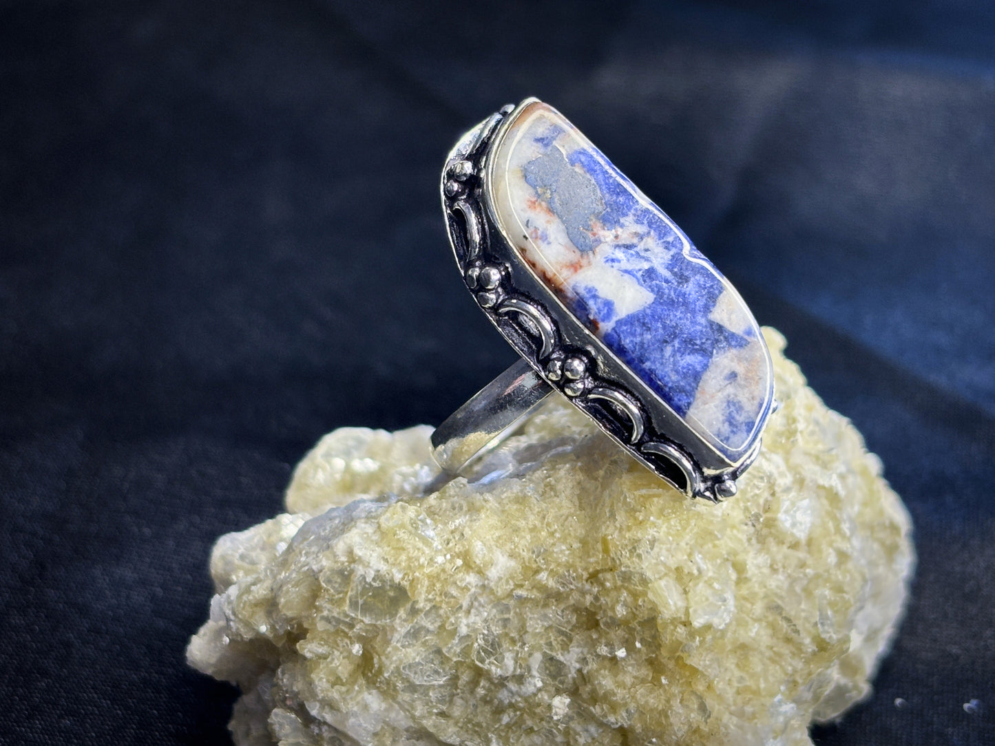 Sodalite Sterling Silver Crystal Ring, Size 10