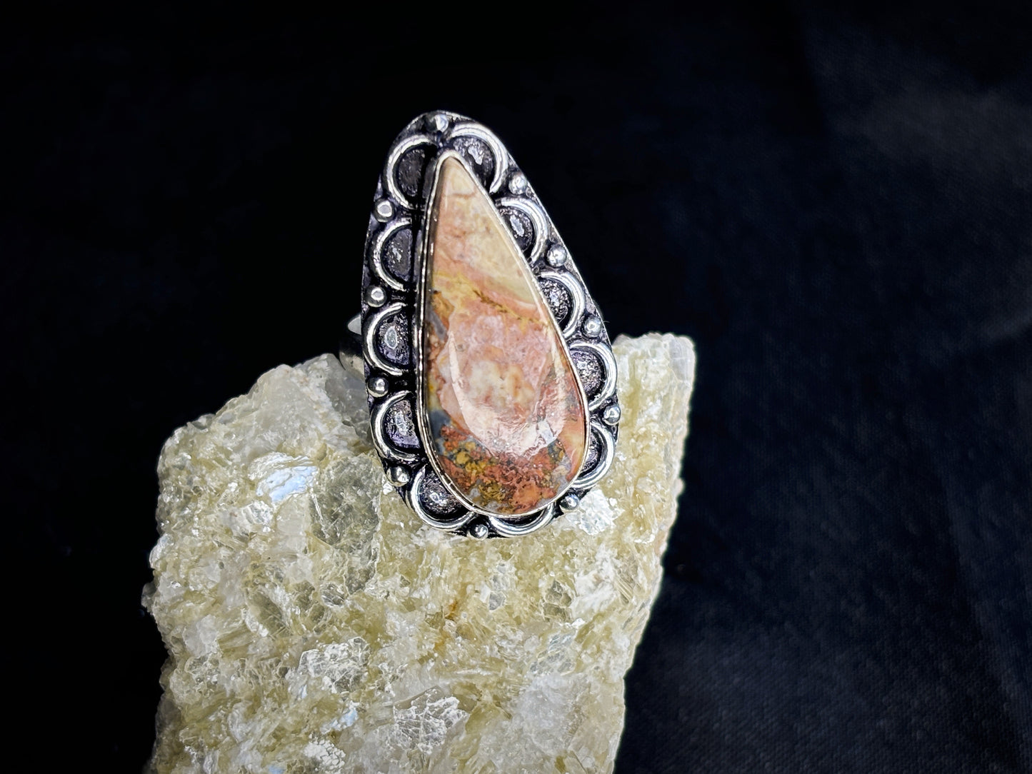 Pink & Orange Jasper Teardrop Sterling Silver Crystal Ring, Size 6.5