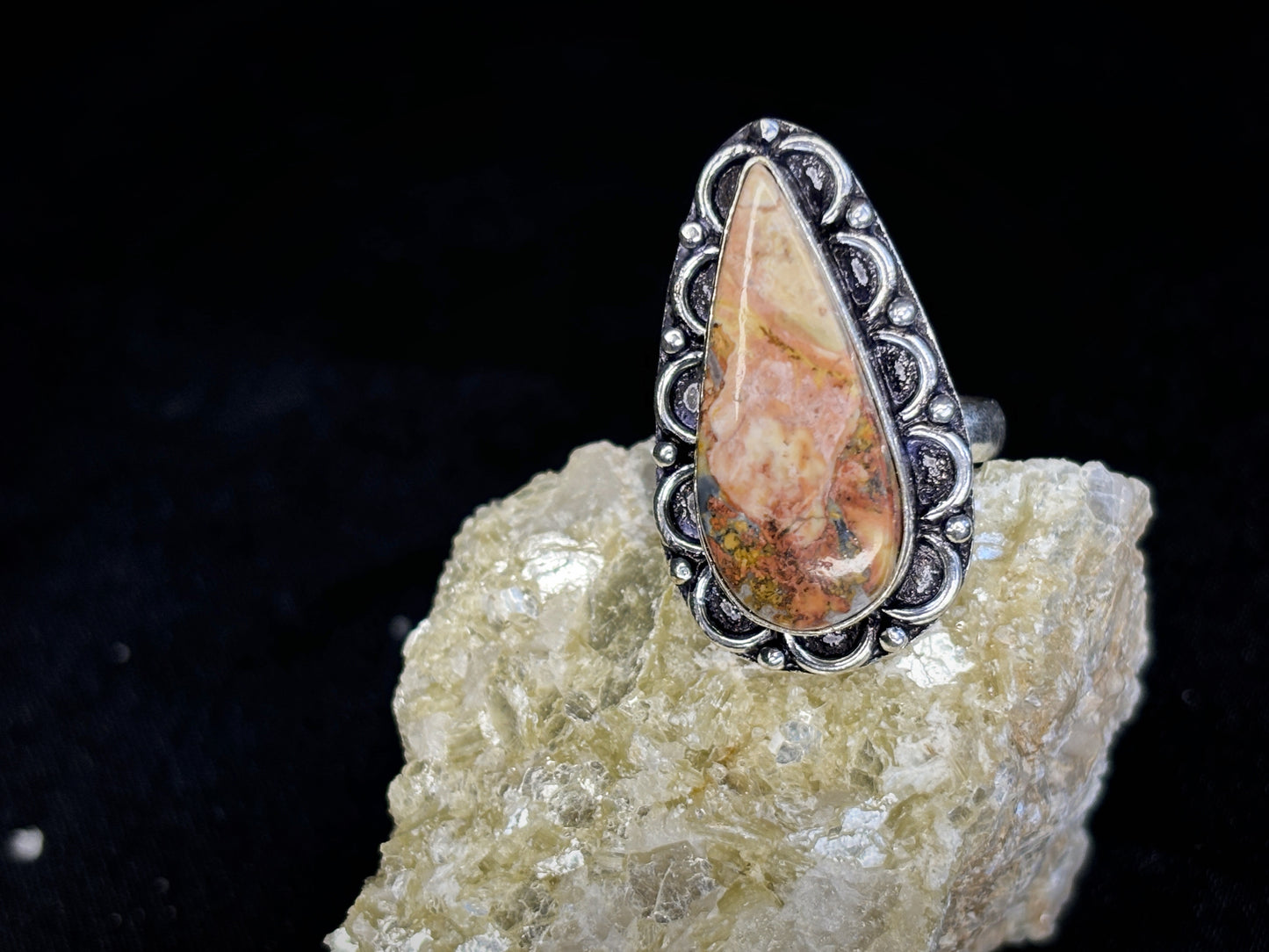 Pink & Orange Jasper Teardrop Sterling Silver Crystal Ring, Size 6.5