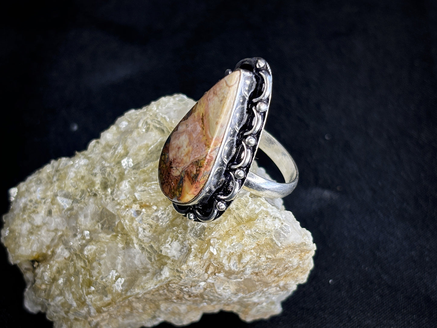 Pink & Orange Jasper Teardrop Sterling Silver Crystal Ring, Size 6.5