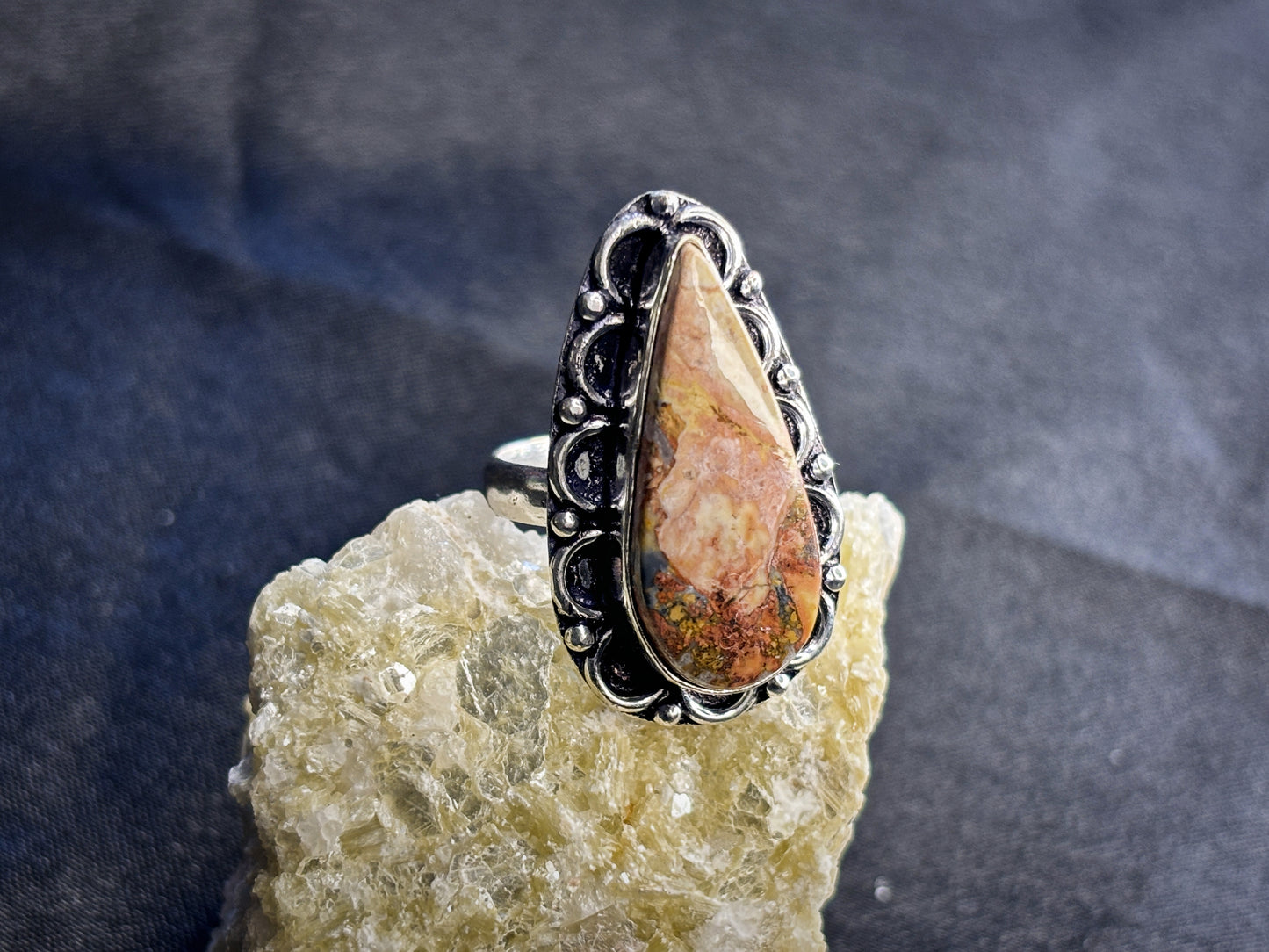 Pink & Orange Jasper Teardrop Sterling Silver Crystal Ring, Size 6.5