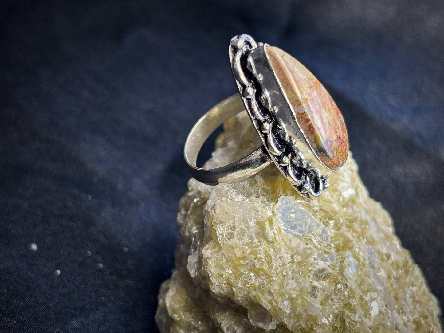 Pink & Orange Jasper Teardrop Sterling Silver Crystal Ring, Size 6.5