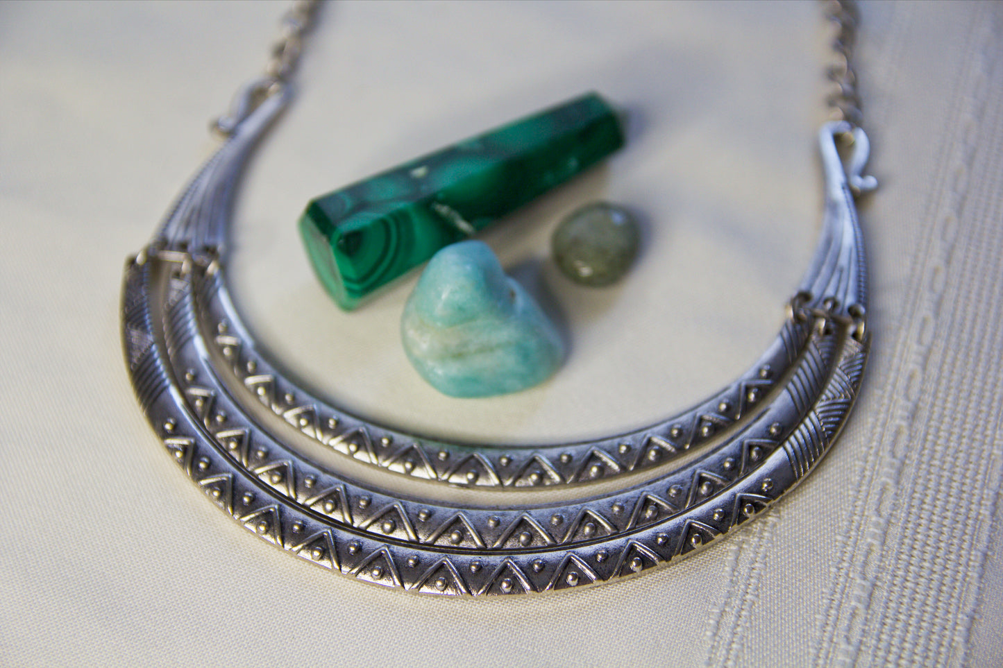 Silver Patterned Collar Statement Necklace, 3 Layers