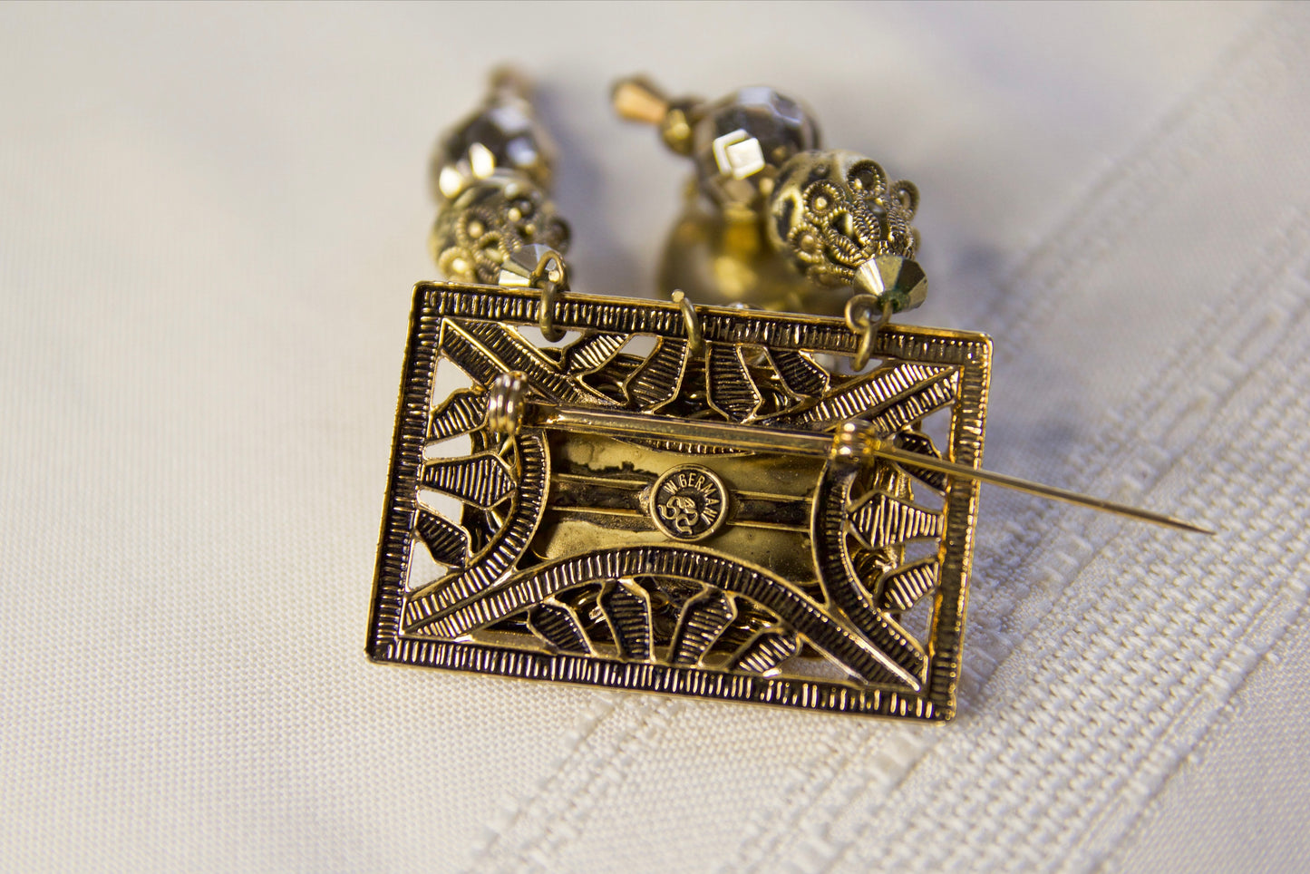 Amber Crystal Gold Beaded Heart Brooch, German