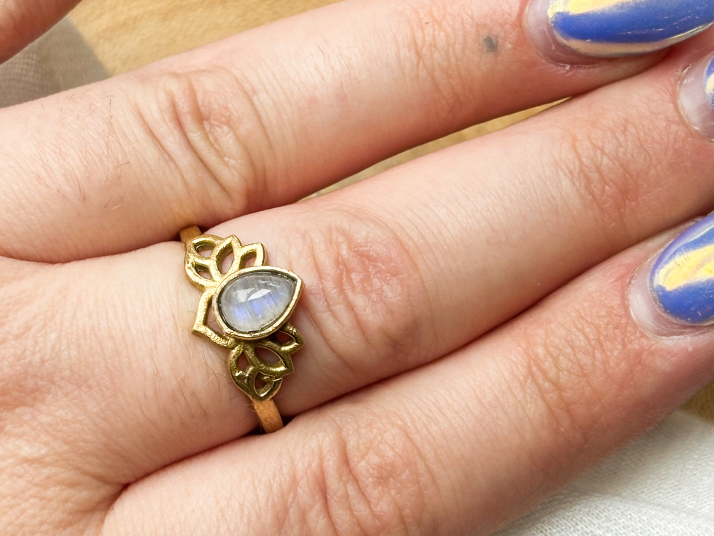 Moonstone Crystal Gold Plated Lotus Ring, Size 7.5