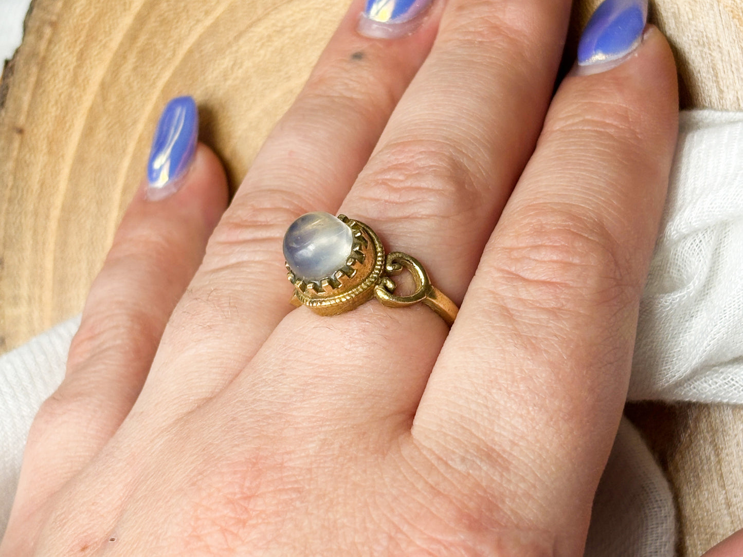 Gold Round Ornate Moonstone Ring, Size 7