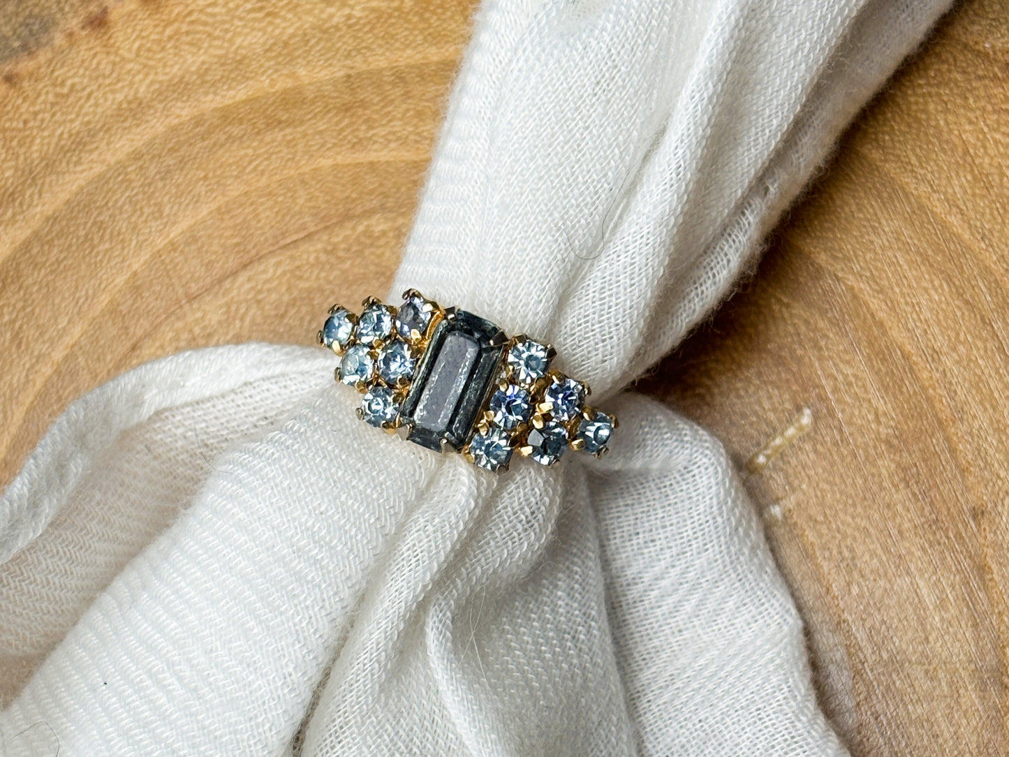 Gold Vintage Blue Emerald & Round Cut Crystal Statement Ring, Adjustable