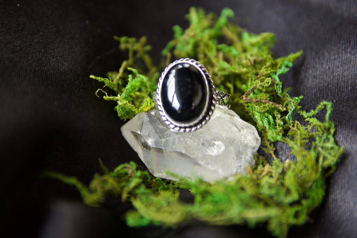 Black Onyx Crystal Ring, Size 8