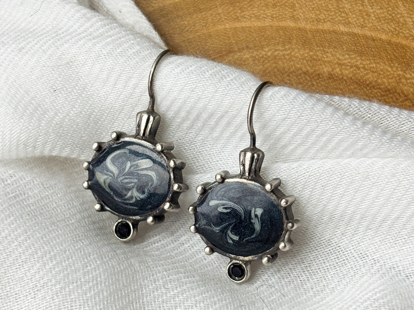 Sterling Silver Black Enamel Swirled Vintage Crystal Earrings