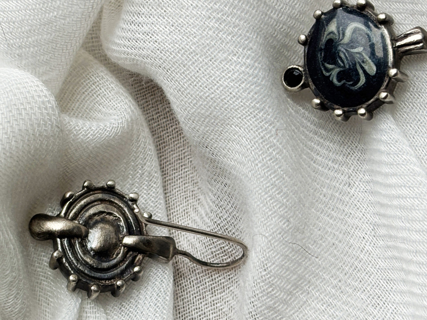 Sterling Silver Black Enamel Swirled Vintage Crystal Earrings