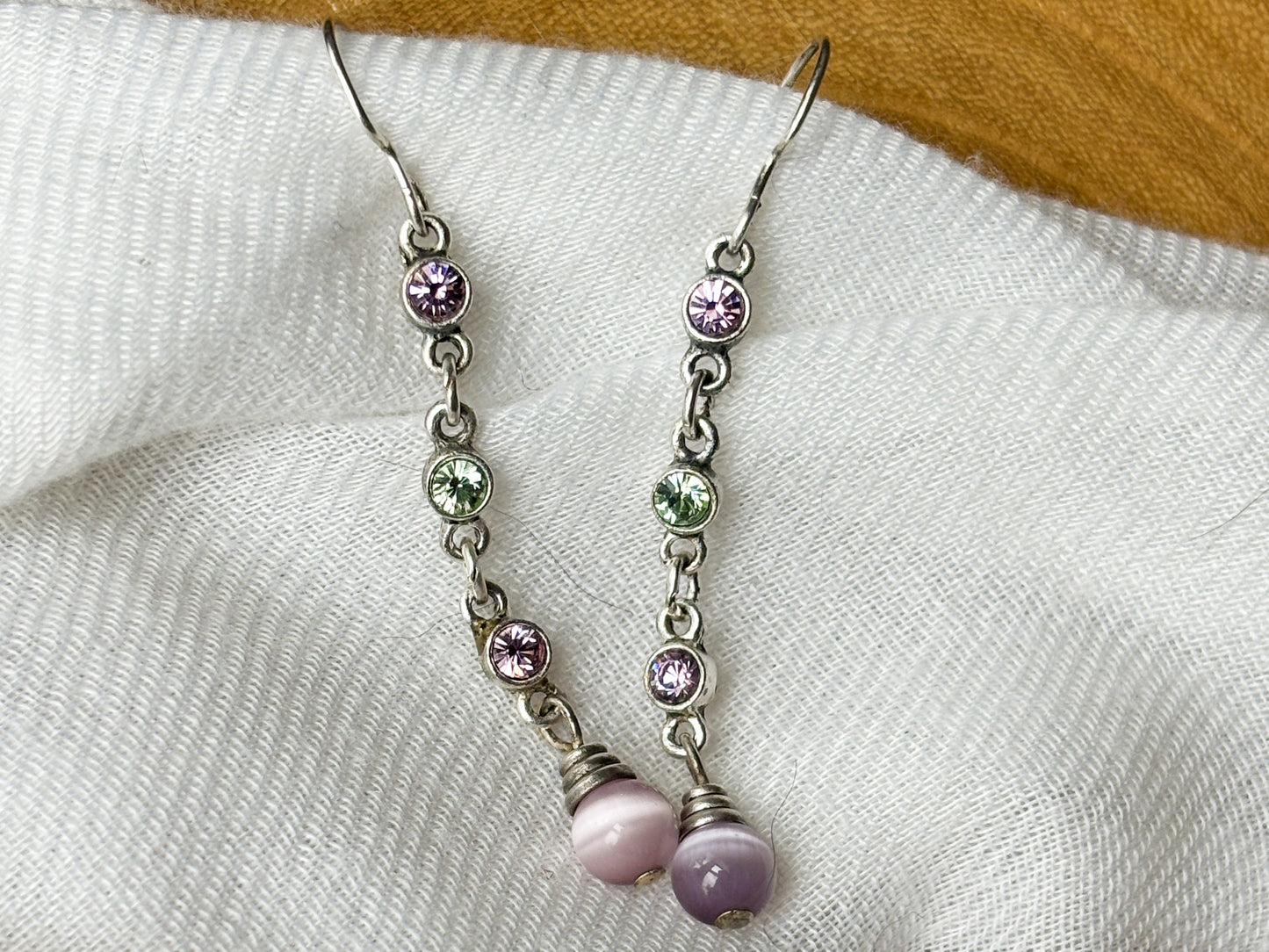 Vintage Sterling Silver Purple & Green Crystal Dangle Earrings