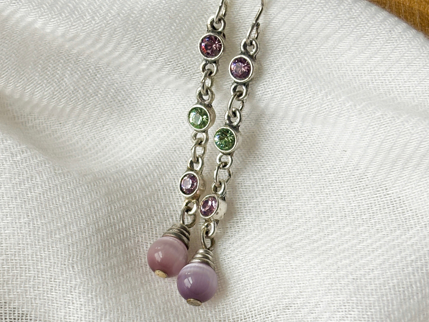 Vintage Sterling Silver Purple & Green Crystal Dangle Earrings