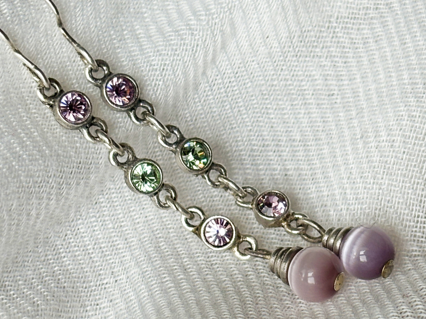 Vintage Sterling Silver Purple & Green Crystal Dangle Earrings