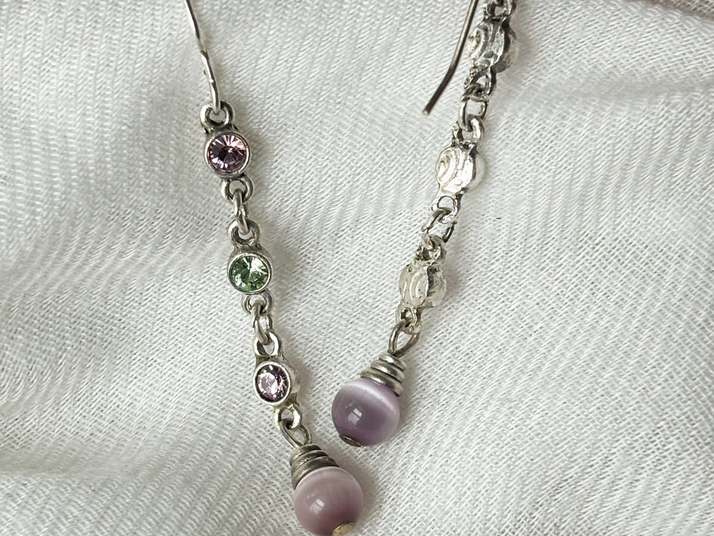 Vintage Sterling Silver Purple & Green Crystal Dangle Earrings