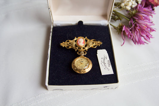 Golden Cameo Pink Timepiece Brooch, "1928"